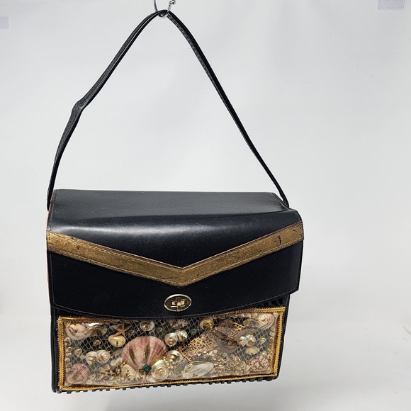 The Unbranded Brand Handbags - VTG‎ Black Wood Wicker Under the Sea Fish Scene Windowpane Purse Novelty Handbag